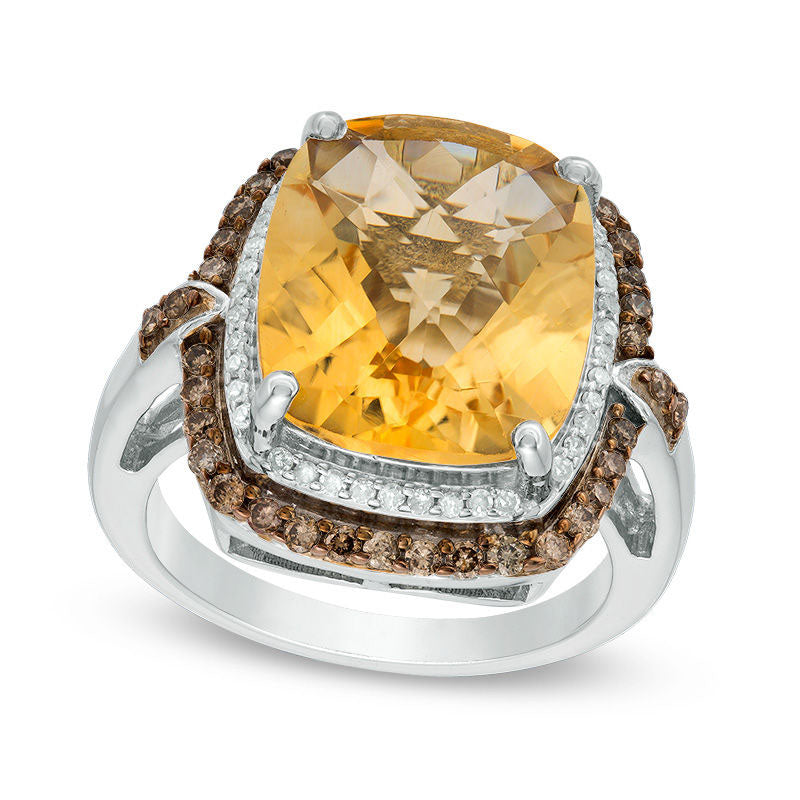 Cushion-Cut Citrine and 0.50 CT. T.W. Champagne and White Natural Diamond Double Frame Ring in Sterling Silver