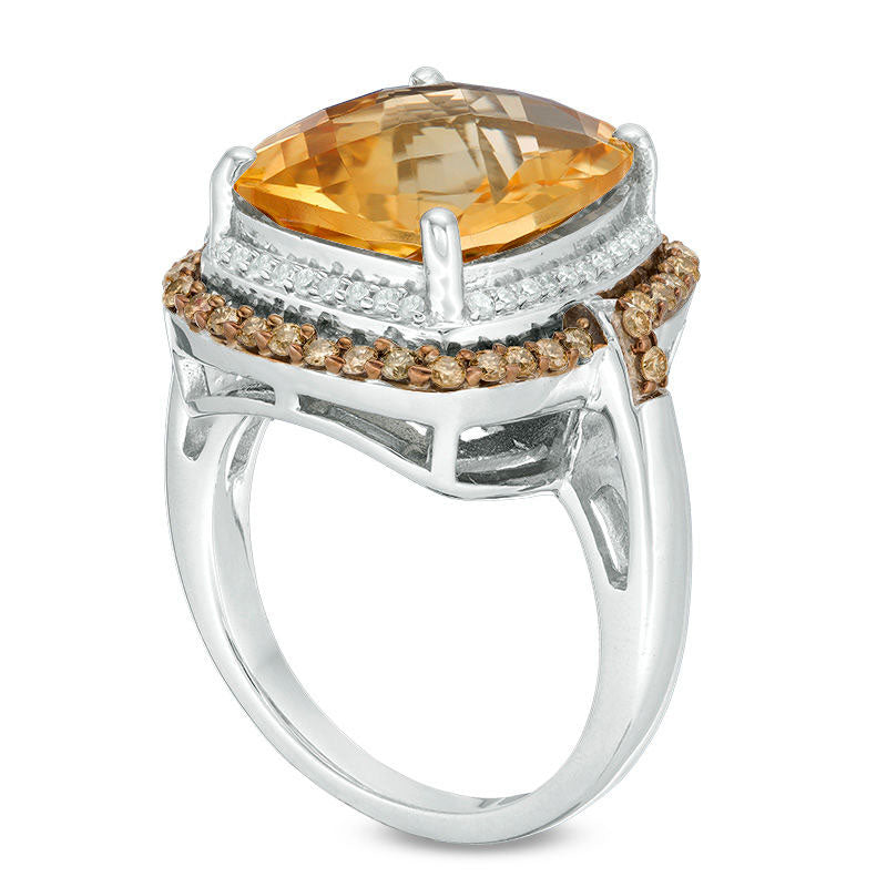 Cushion-Cut Citrine and 0.50 CT. T.W. Champagne and White Natural Diamond Double Frame Ring in Sterling Silver