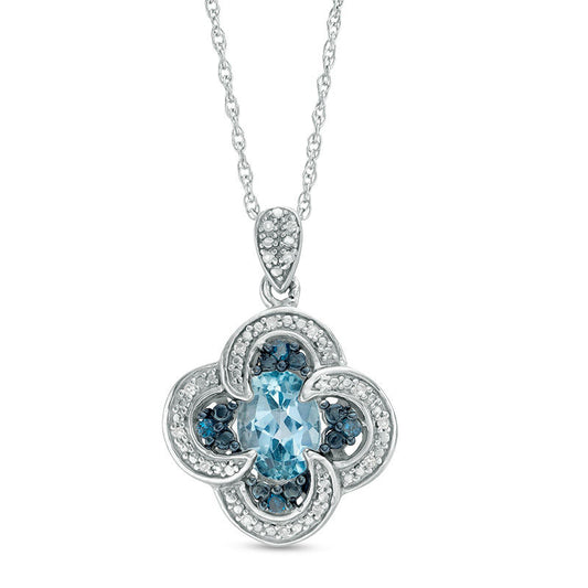 Oval Blue Topaz and 0.13 CT. T.W. Enhanced Blue and White Natural Diamond Swirl Frame Clover Drop Pendant in Sterling Silver