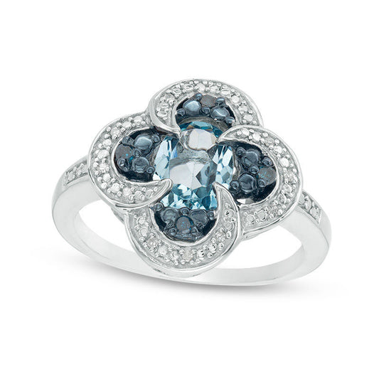 Oval Blue Topaz and 0.10 CT. T.W. Enhanced Blue and White Natural Diamond Swirl Frame Clover Ring in Sterling Silver