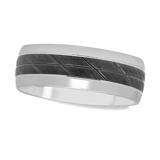 Men's 8.0mm Natural Diamond-Cut Slant Groove Center Wedding Band in Sterling Silver and Black Rhodium