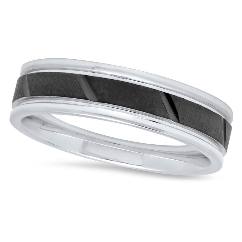 Men's 6.0mm Natural Diamond-Cut Slant Groove Center Wedding Band in Sterling Silver and Black Rhodium