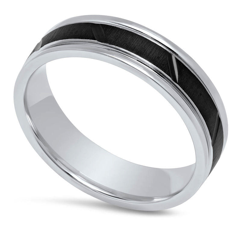 Men's 6.0mm Natural Diamond-Cut Slant Groove Center Wedding Band in Sterling Silver and Black Rhodium