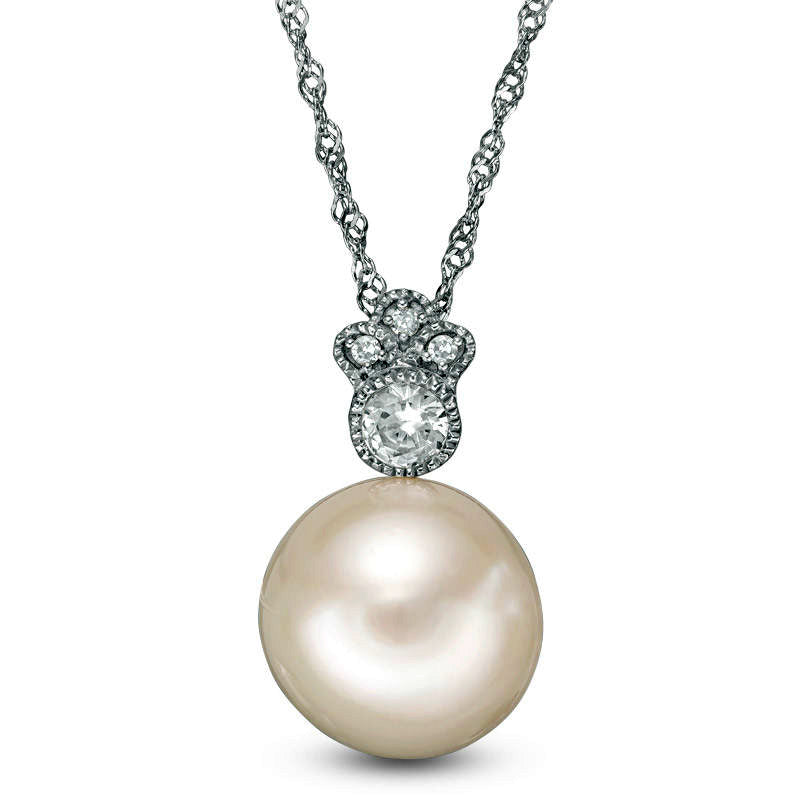 10.0 - 10.5mm Cultured Freshwater Pearl, White Sapphire and Natural Diamond Accent Antique Vintage-Style Pendant in 10K White Gold - 17"