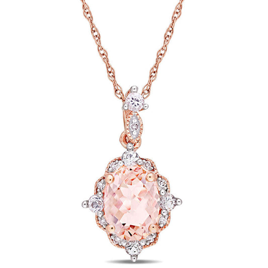 Oval Morganite, White Sapphire and Natural Diamond Accent Antique Vintage-Style Drop Pendant in 10K Rose Gold - 17"