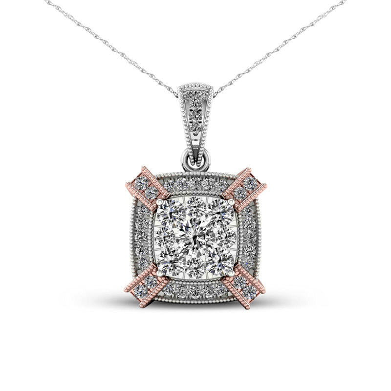 0.5 CT. T.W. Natural Diamond Double Cushion Frame Antique Vintage-Style Pendant in 10K Two-Tone Gold