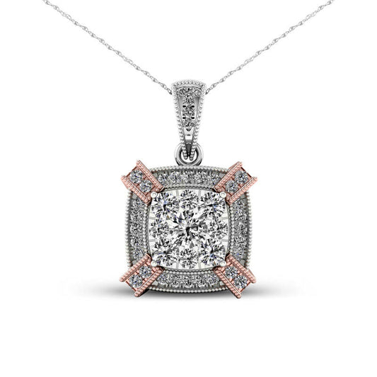 0.5 CT. T.W. Natural Diamond Double Cushion Frame Antique Vintage-Style Pendant in 10K Two-Tone Gold