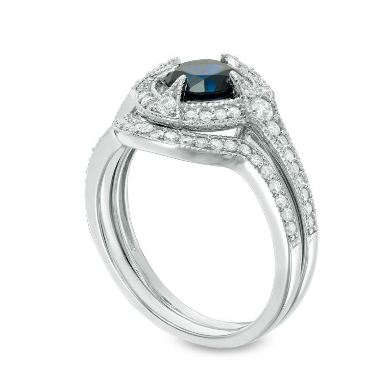 6.0mm Lab-Created Blue and White Sapphire with 0.33 CT. T.W. Diamond Frame Antique Vintage-Style Bridal Engagement Ring Set in Sterling Silver