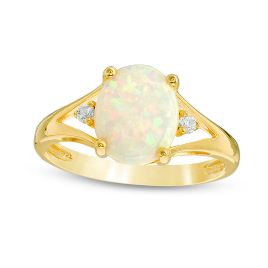 Oval Lab-Created Opal and White Sapphire Split Shank Ring in Sterling Silver with Solid 14K Gold Plate