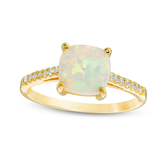 8.0mm Cushion-Cut Lab-Created Opal and White Sapphire Ring in Sterling Silver with Solid 14K Gold Plate