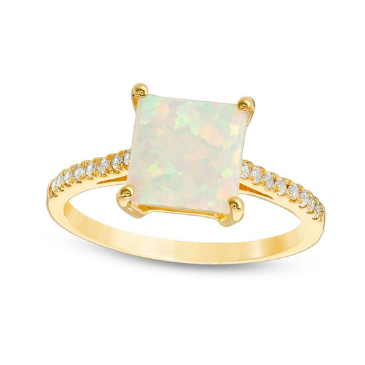 8.0mm Princess-Cut Lab-Created Opal and White Sapphire Ring in Sterling Silver with Solid 14K Gold Plate