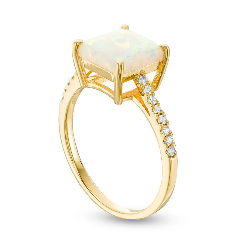 8.0mm Princess-Cut Lab-Created Opal and White Sapphire Ring in Sterling Silver with Solid 14K Gold Plate