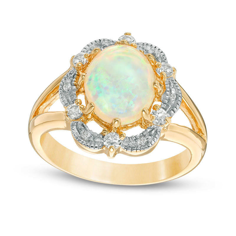 Oval Lab-Created Opal and White Sapphire Antique Vintage-Style Split Shank Ring in Sterling Silver with Solid 18K Gold Plate