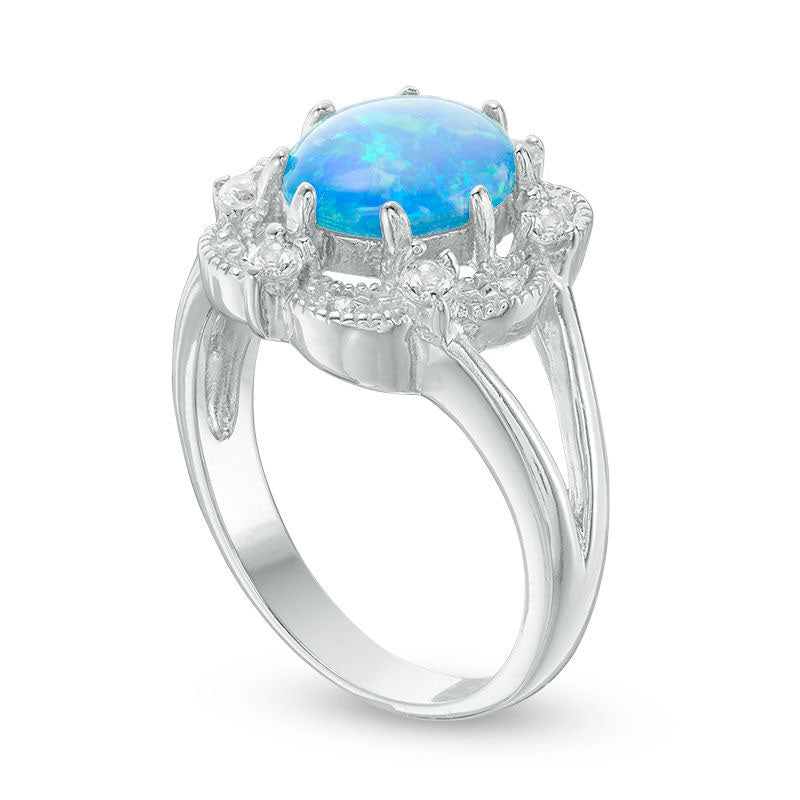 Oval Lab-Created Blue Opal and White Sapphire Antique Vintage-Style Split Shank Ring in Sterling Silver