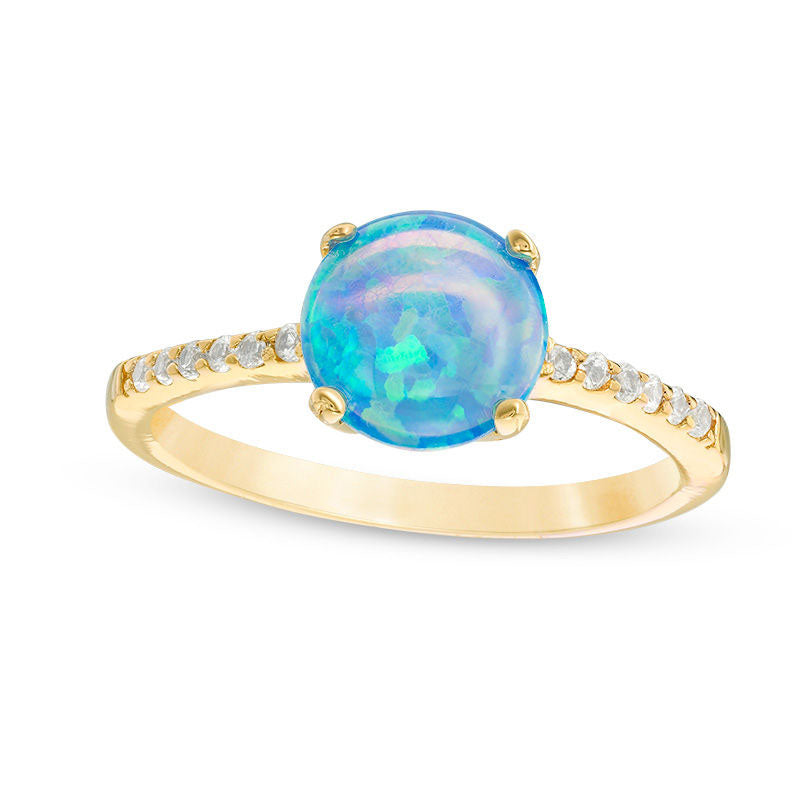 8.0mm Lab-Created Blue Opal and White Topaz Ring in Sterling Silver with Solid 18K Gold Plate