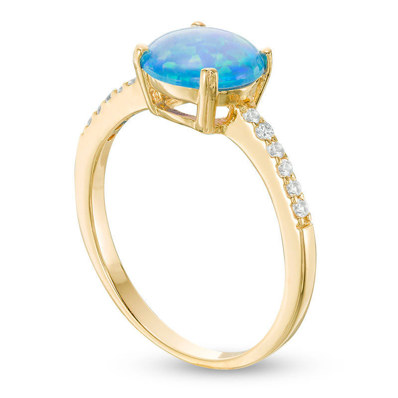 8.0mm Lab-Created Blue Opal and White Topaz Ring in Sterling Silver with Solid 18K Gold Plate