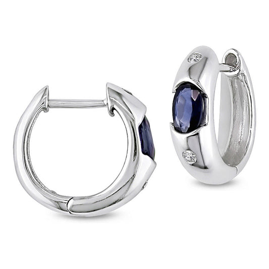 Oval Blue Sapphire and 0.05 CT. T.W. Diamond Huggie Hoop Earrings in 10K White Gold