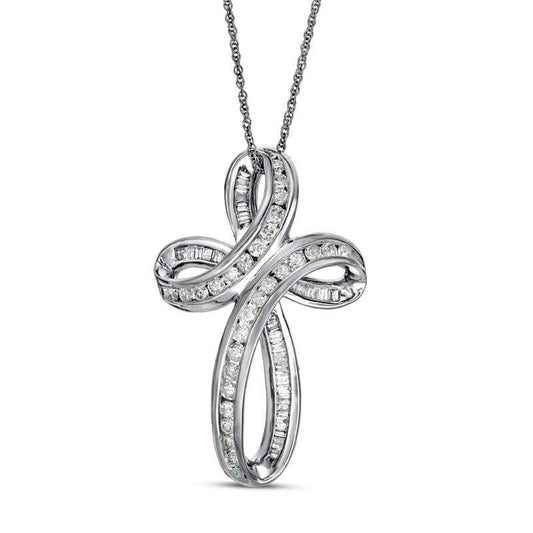 0.75 CT. T.W. Baguette and Round Natural Diamond Loop Cross Pendant in 10K White Gold