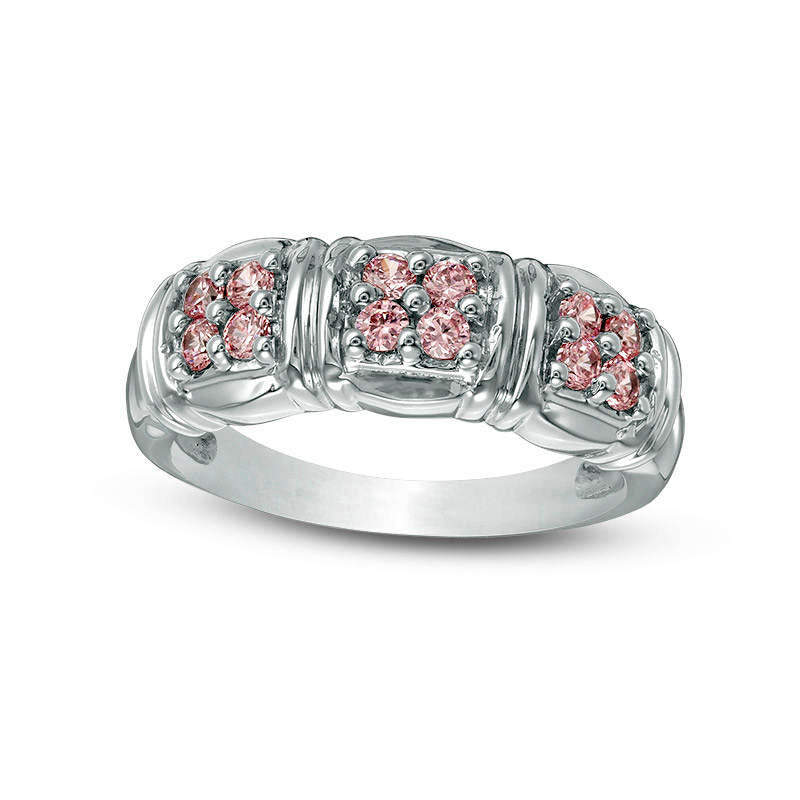 Quad Lab-Created Pink Sapphire Three Stone Ring in Sterling Silver