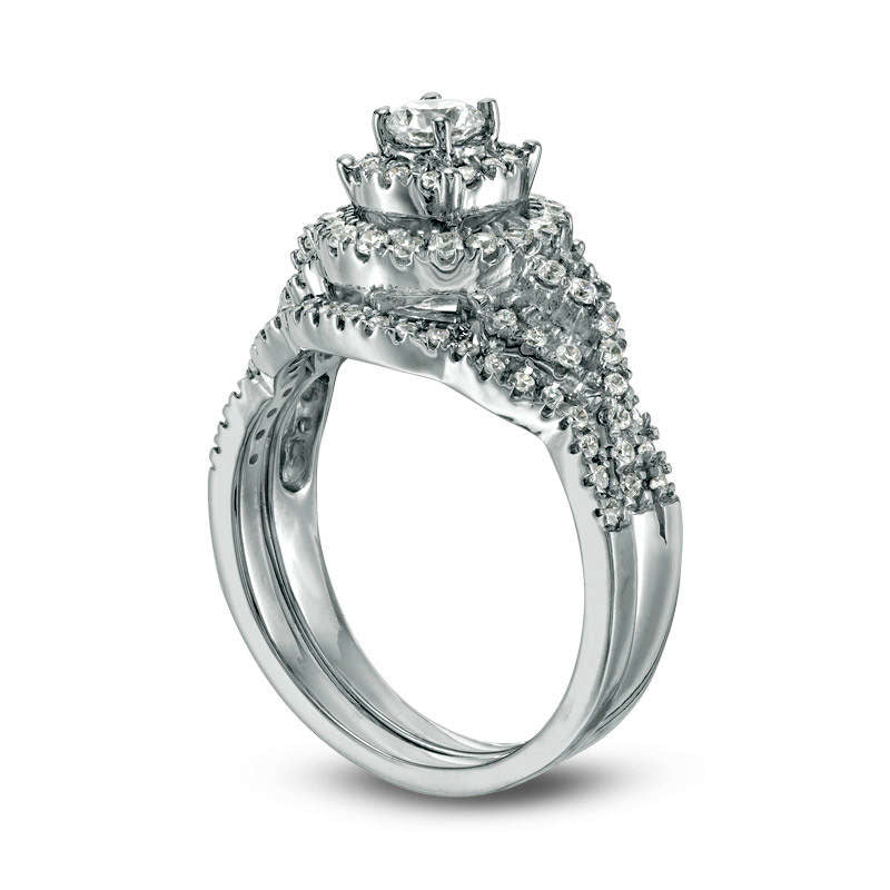 0.75 CT. T.W. Natural Diamond Double Frame Twist Bridal Engagement Ring Set in Solid 10K White Gold