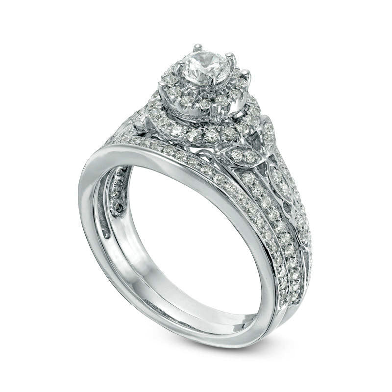 0.88 CT. T.W. Natural Diamond Double Frame Bridal Engagement Ring Set in Solid 10K White Gold