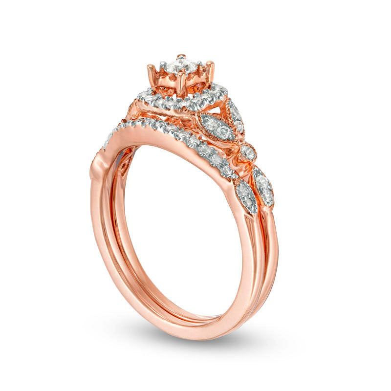 0.33 CT. T.W. Princess-Cut Natural Diamond Frame Leaf-Sides Antique Vintage-Style Bridal Engagement Ring Set in Solid 10K Rose Gold