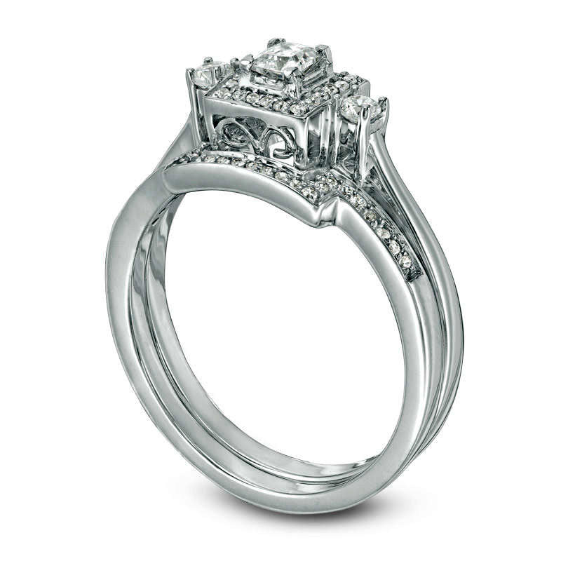 0.33 CT. T.W. Princess-Cut Natural Diamond Three Stone Frame Bridal Engagement Ring Set in Solid 10K White Gold