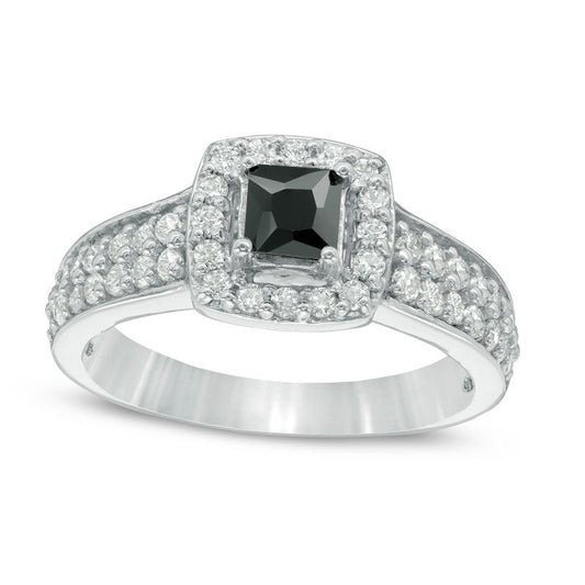 1.0 CT. T.W. Princess-Cut Enhanced Black and White Natural Diamond Frame Multi-Row Engagement Ring in Solid 10K White Gold