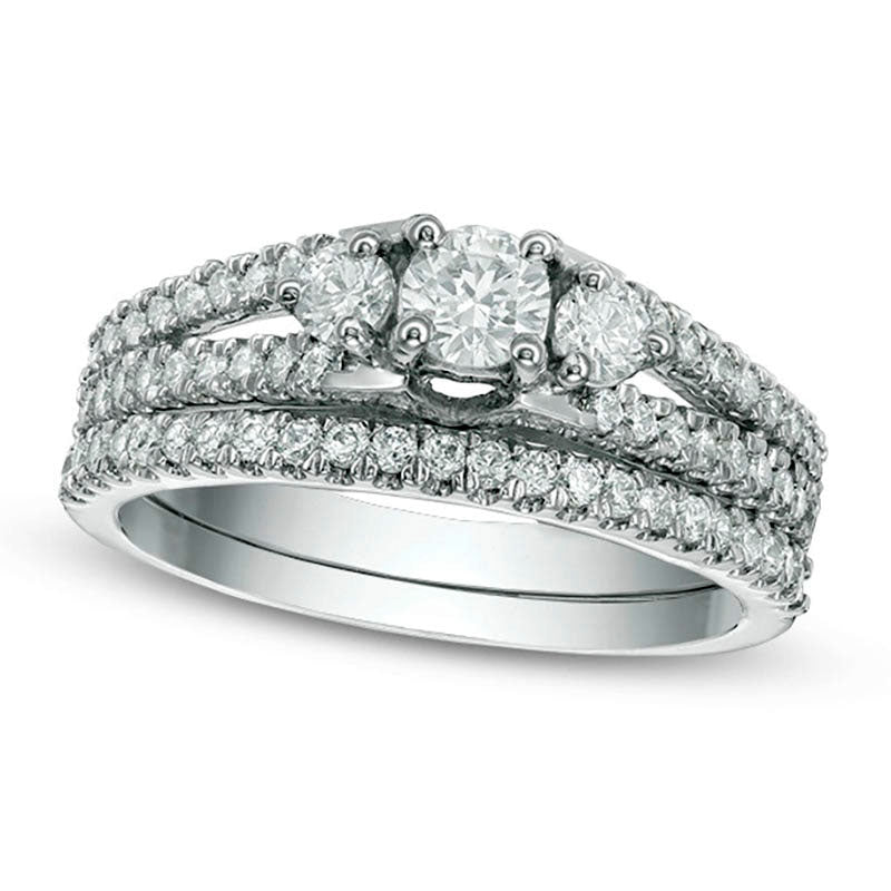 1.0 CT. T.W. Natural Diamond Three Stone Bridal Engagement Ring Set in Solid 10K White Gold