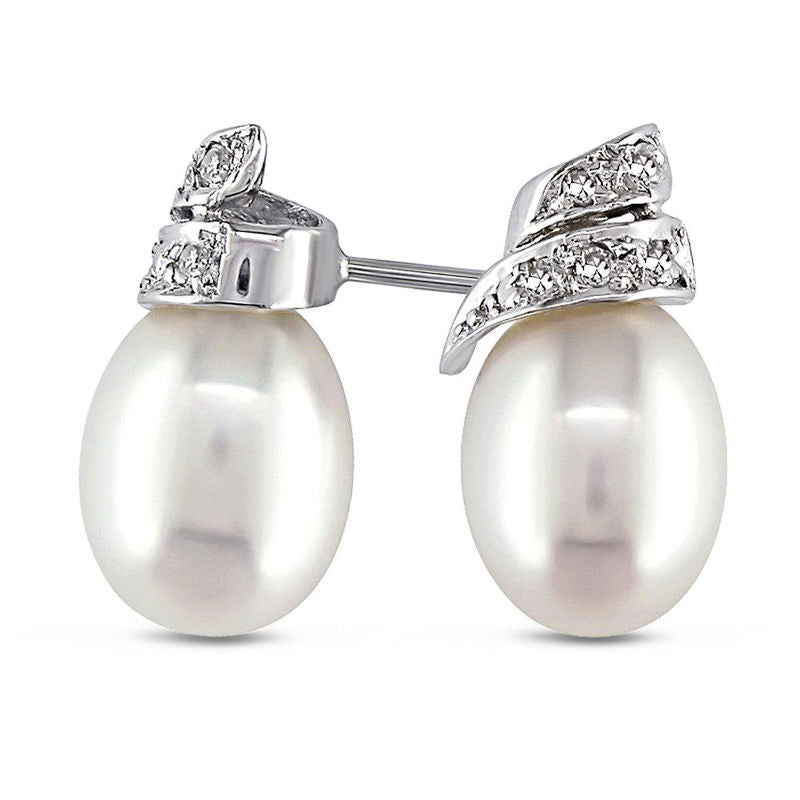 6.5 - 7.0mm Baroque Cultured Freshwater Pearl and Diamond Accent Drop Earrings in 14K White Gold