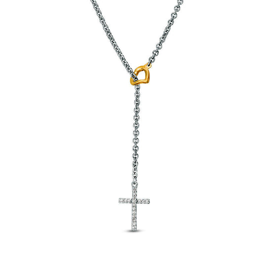 0.05 CT. T.W. Natural Diamond Cross with Heart "Y" Necklace in Sterling Silver and 10K Yellow Gold