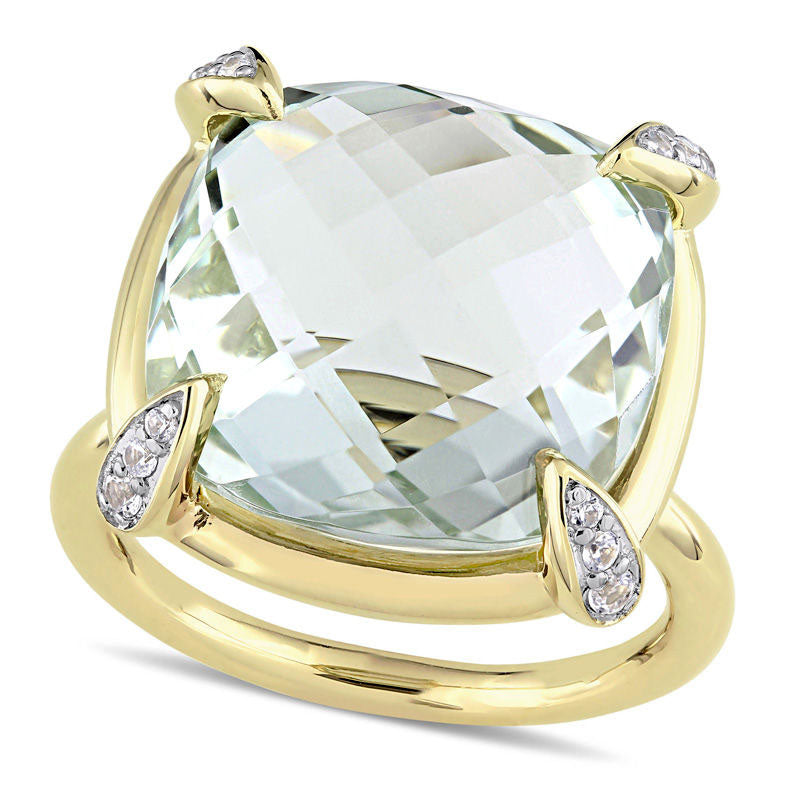 15.0mm Faceted Cushion-Cut Green Quartz and White Sapphire Ring in Solid 14K Gold