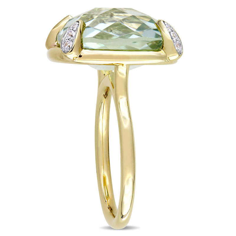 15.0mm Faceted Cushion-Cut Green Quartz and White Sapphire Ring in Solid 14K Gold