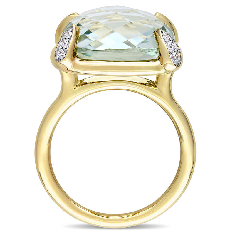 15.0mm Faceted Cushion-Cut Green Quartz and White Sapphire Ring in Solid 14K Gold