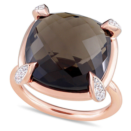 15.0mm Faceted Cushion-Cut Smoky Quartz and White Sapphire Ring in Solid 14K Rose Gold