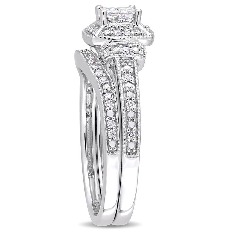 0.33 CT. T.W. Quad Princess-Cut Natural Diamond Frame Collar Antique Vintage-Style Bridal Engagement Ring Set in Solid 10K White Gold