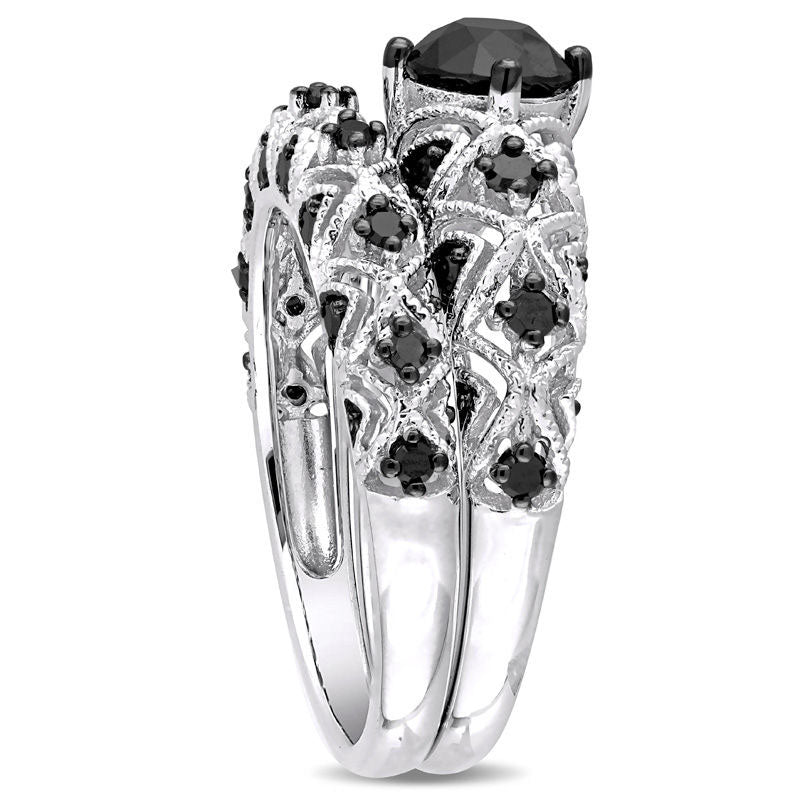 1.25 CT. T.W. Enhanced Black Natural Diamond Zig-Zag Antique Vintage-Style Bridal Engagement Ring Set in Solid 10K White Gold