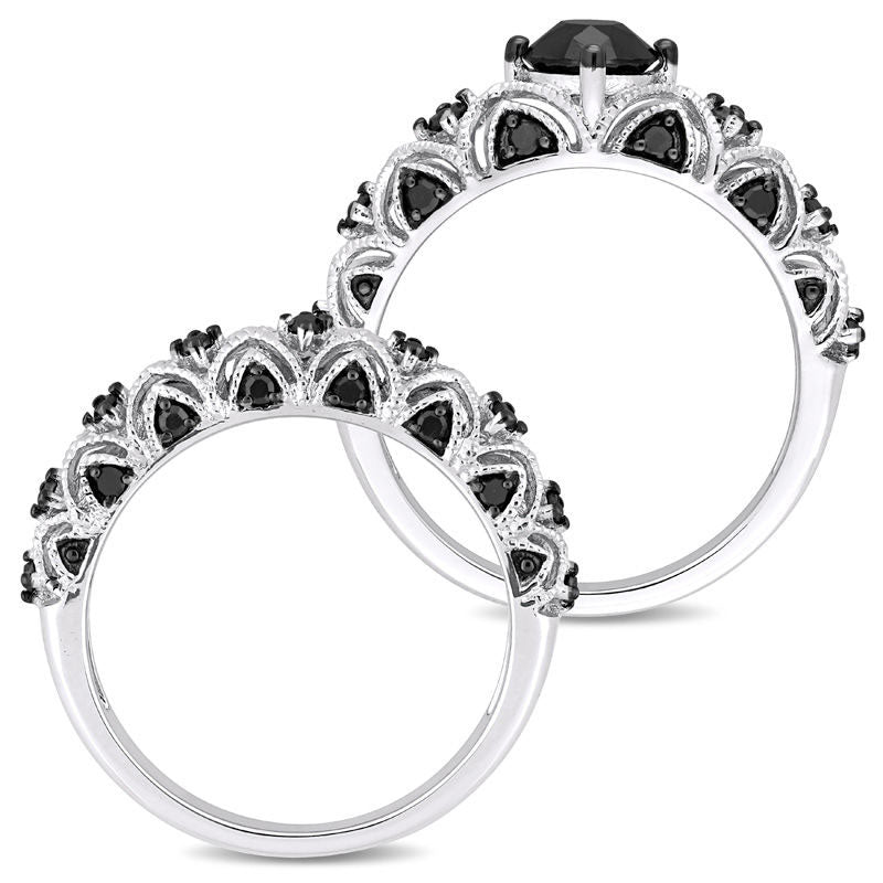 1.25 CT. T.W. Enhanced Black Natural Diamond Zig-Zag Antique Vintage-Style Bridal Engagement Ring Set in Solid 10K White Gold