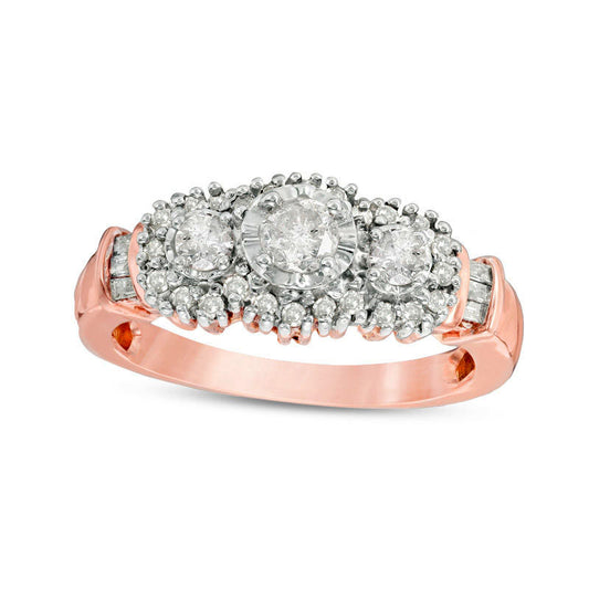 0.50 CT. T.W. Natural Diamond Three Stone Frame Collar Engagement Ring in Solid 10K Rose Gold