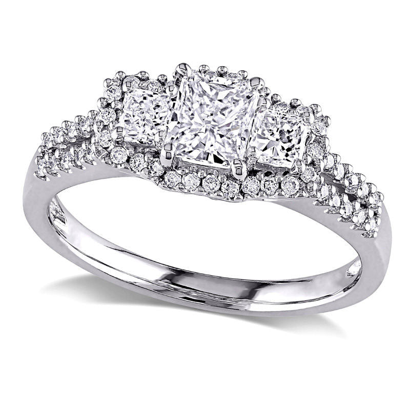 1.0 CT. T.W. Radiant-Cut Natural Diamond Three Stone Frame Engagement Ring in Solid 14K White Gold