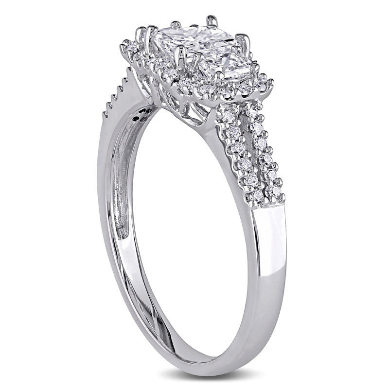 1.0 CT. T.W. Radiant-Cut Natural Diamond Three Stone Frame Engagement Ring in Solid 14K White Gold