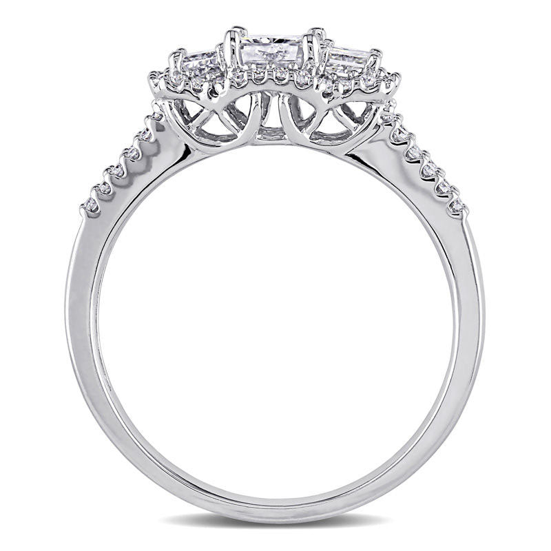 1.0 CT. T.W. Radiant-Cut Natural Diamond Three Stone Frame Engagement Ring in Solid 14K White Gold