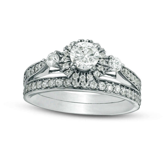 1.0 CT. T.W. Natural Diamond Three Stone Frame Bridal Engagement Ring Set in Solid 10K White Gold