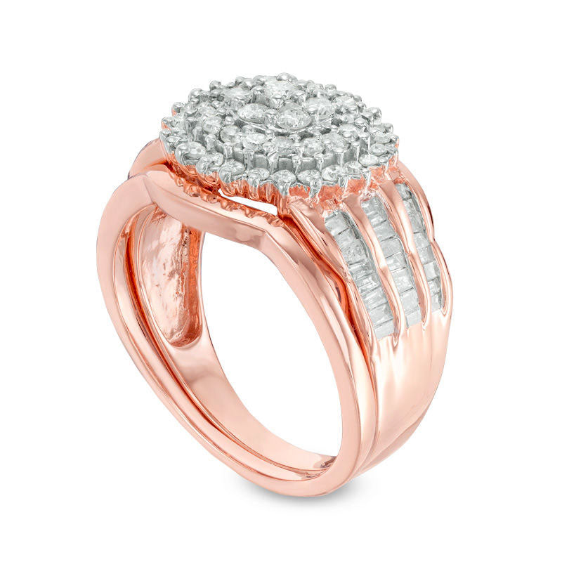 1.0 CT. T.W. Composite Natural Diamond Frame Multi-Row Bridal Engagement Ring Set in Solid 10K Rose Gold