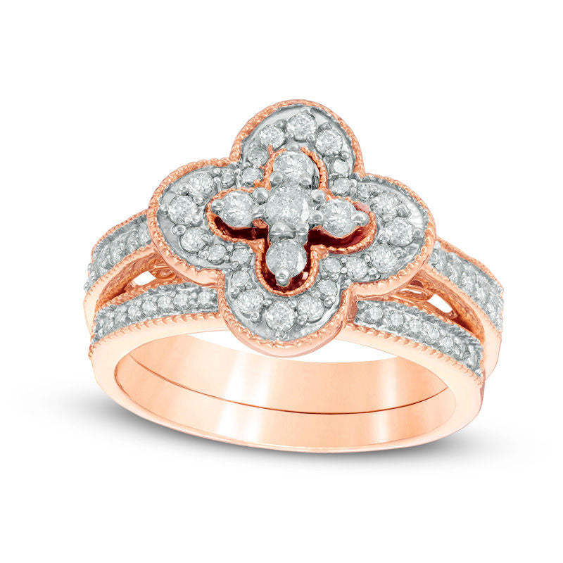 0.63 CT. T.W. Natural Diamond Clover Frame Antique Vintage-Style Bridal Engagement Ring Set in Solid 10K Rose Gold