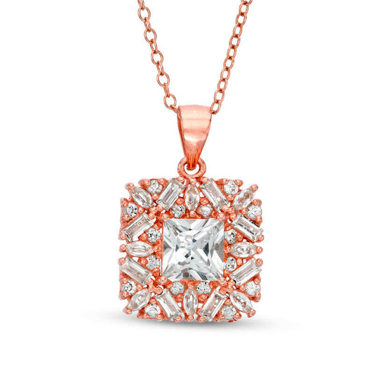 6.0mm Princess-Cut Lab-Created White Sapphire Cluster Frame Pendant in Sterling Silver with 14K Rose Gold Plate