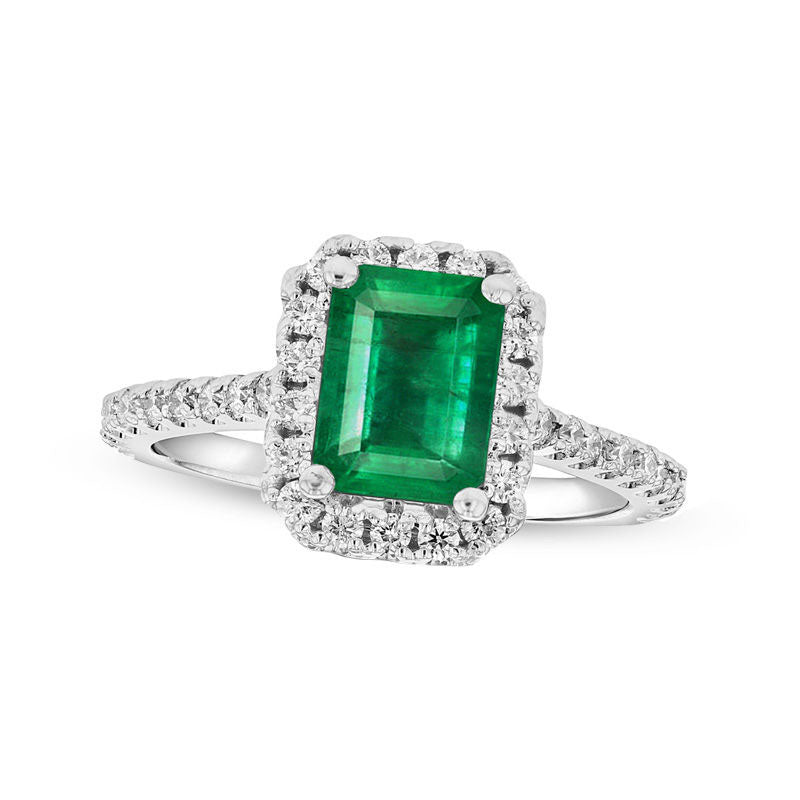 Emerald-Cut Emerald and 0.50 CT. T.W. Natural Diamond Frame Engagement Ring in Solid 14K White Gold