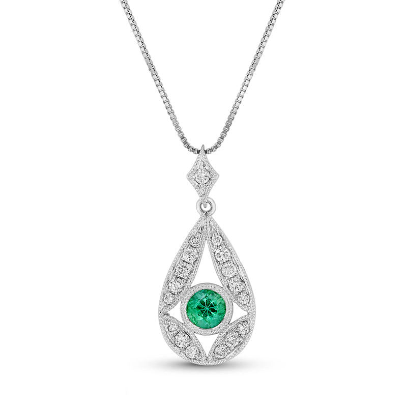 Emerald and 0.2 CT. T.W. Natural Diamond Antique Vintage-Style Teardrop Pendant in 14K White Gold