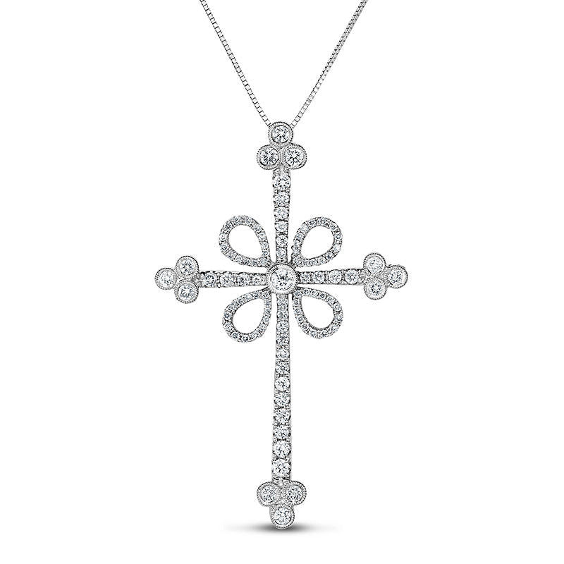 1 CT. T.W. Natural Diamond Antique Vintage-Style Cross Pendant in 14K White Gold