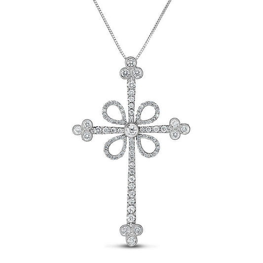 1 CT. T.W. Natural Diamond Antique Vintage-Style Cross Pendant in 14K White Gold